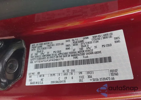 2015 Ford F-150 Lariat from USA, damaged, VIN 1FTEW1CF3FKD95170